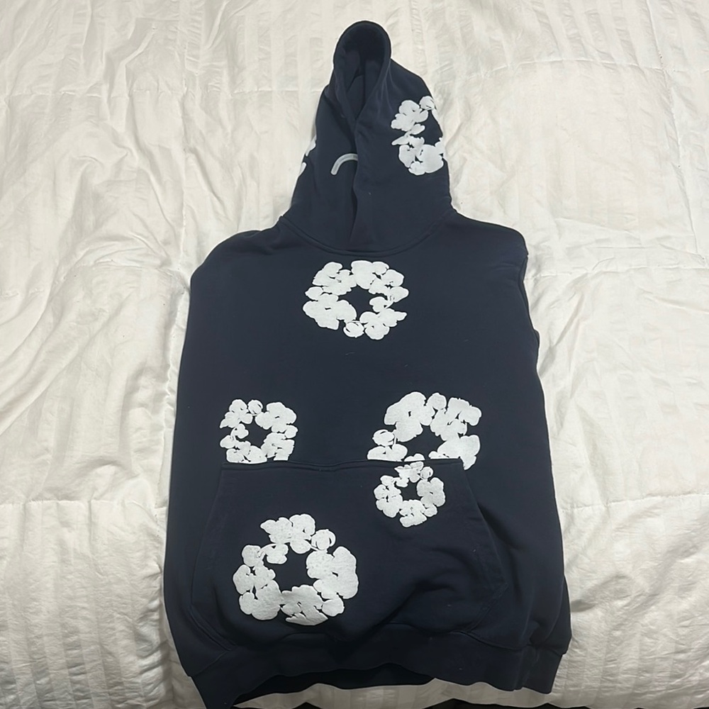 Navy Hoodie with White Floral Design